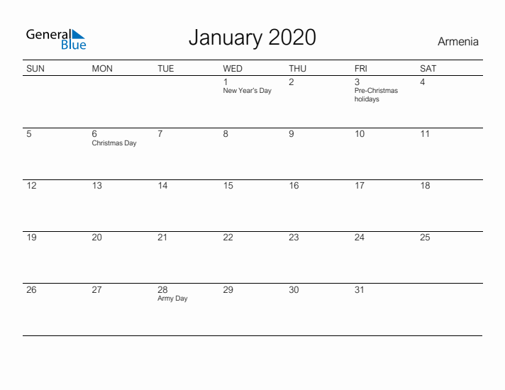 Printable January 2020 Calendar for Armenia