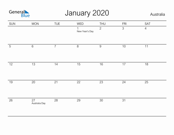 Printable January 2020 Calendar for Australia