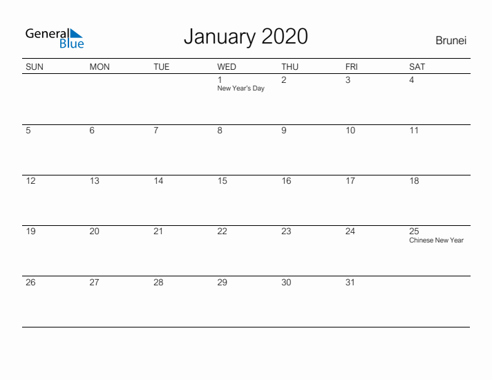 Printable January 2020 Calendar for Brunei