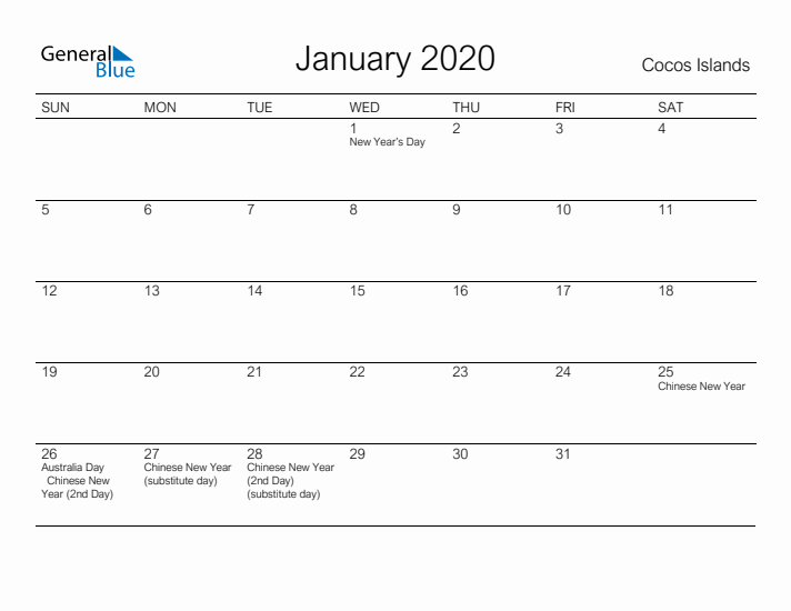 Printable January 2020 Calendar for Cocos Islands