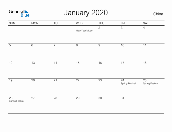 Printable January 2020 Calendar for China