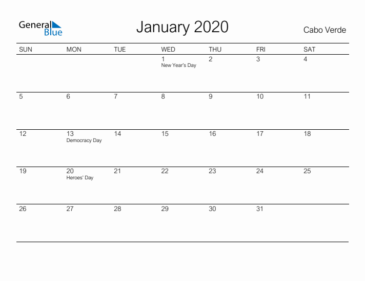 Printable January 2020 Calendar for Cabo Verde