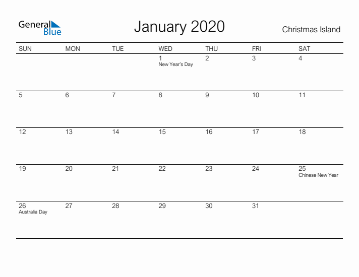 Printable January 2020 Calendar for Christmas Island