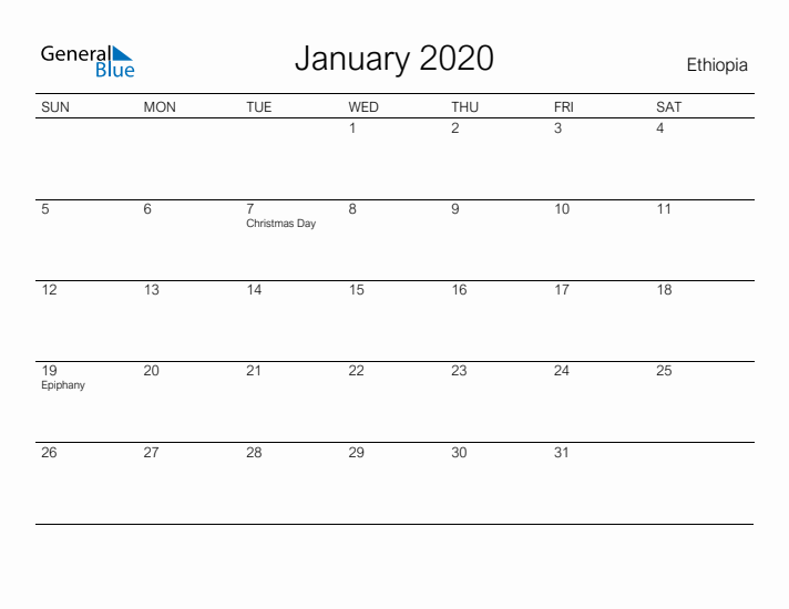Printable January 2020 Calendar for Ethiopia
