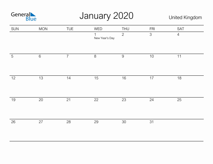 Printable January 2020 Calendar for United Kingdom