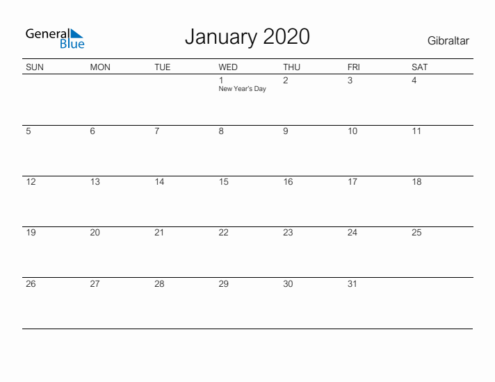 Printable January 2020 Calendar for Gibraltar