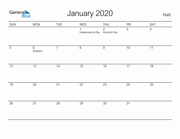 Printable January 2020 Calendar for Haiti