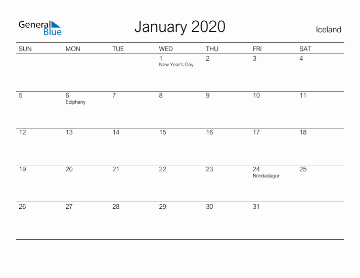 Printable January 2020 Calendar for Iceland