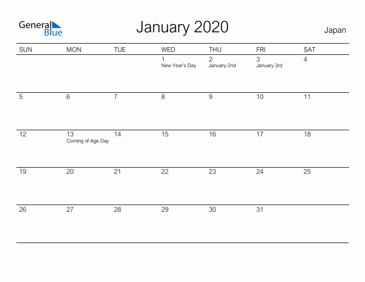 Printable January 2020 Calendar for Japan