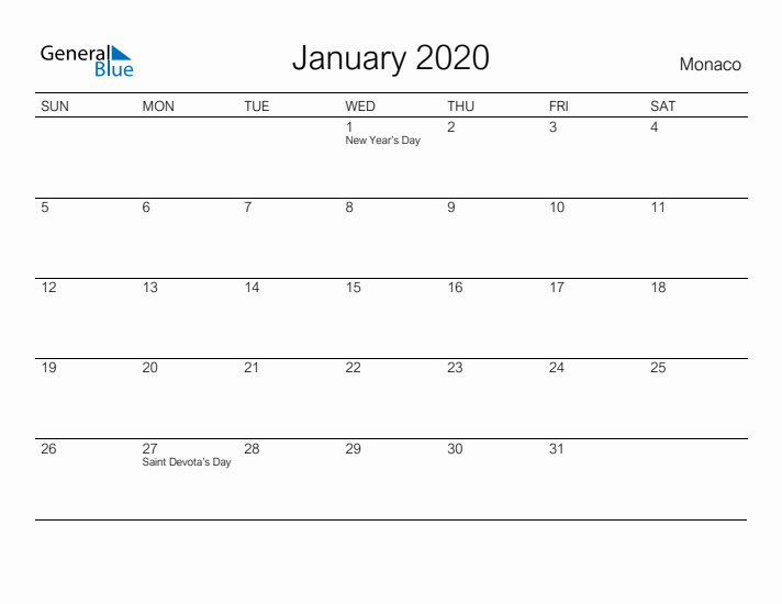 Printable January 2020 Calendar for Monaco