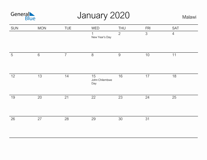 Printable January 2020 Calendar for Malawi
