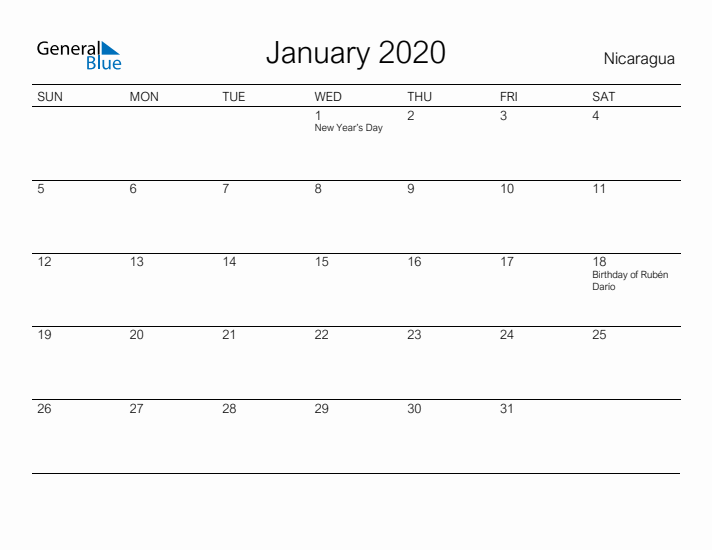 Printable January 2020 Calendar for Nicaragua