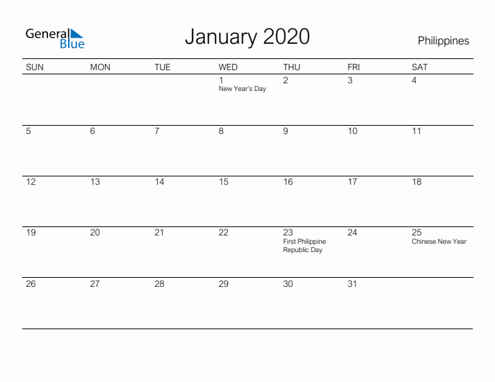 Printable January 2020 Calendar for Philippines
