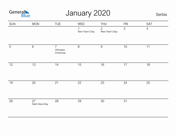 Printable January 2020 Calendar for Serbia