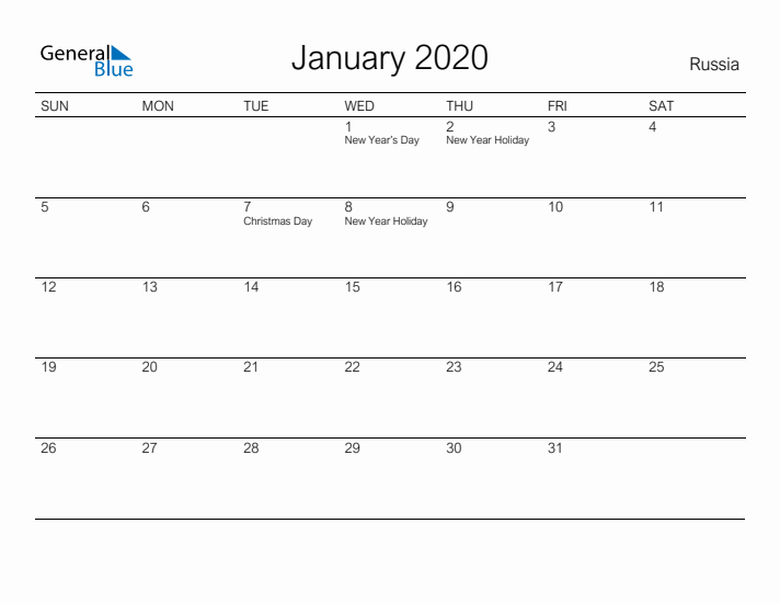 Printable January 2020 Calendar for Russia