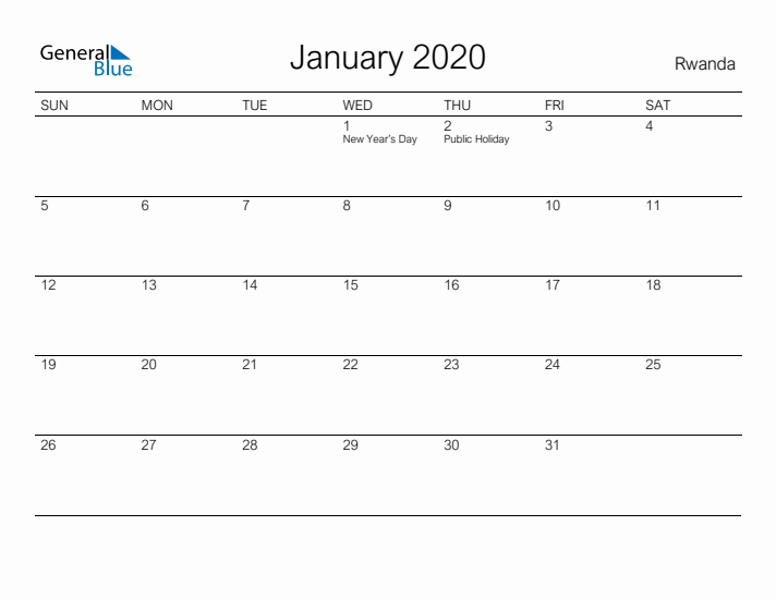 Printable January 2020 Calendar for Rwanda