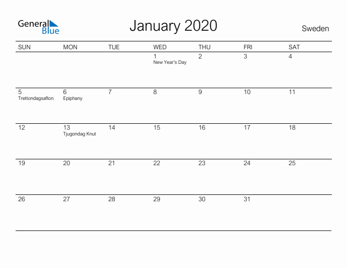 Printable January 2020 Calendar for Sweden