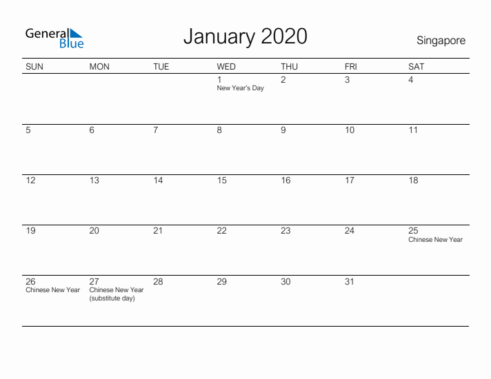 Printable January 2020 Calendar for Singapore