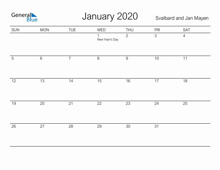 Printable January 2020 Calendar for Svalbard and Jan Mayen