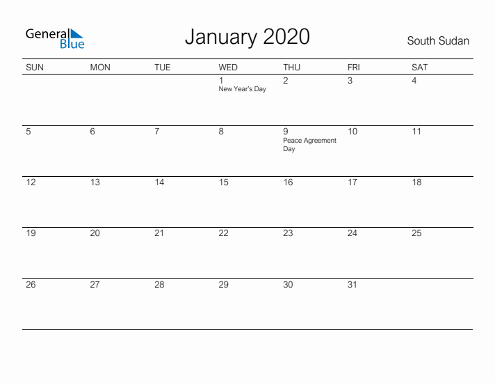 Printable January 2020 Calendar for South Sudan