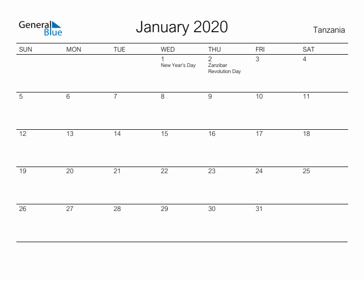 Printable January 2020 Calendar for Tanzania