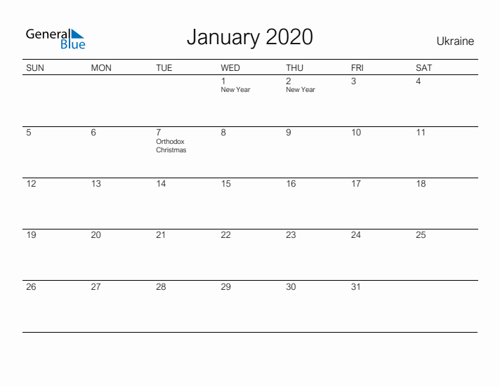 Printable January 2020 Calendar for Ukraine