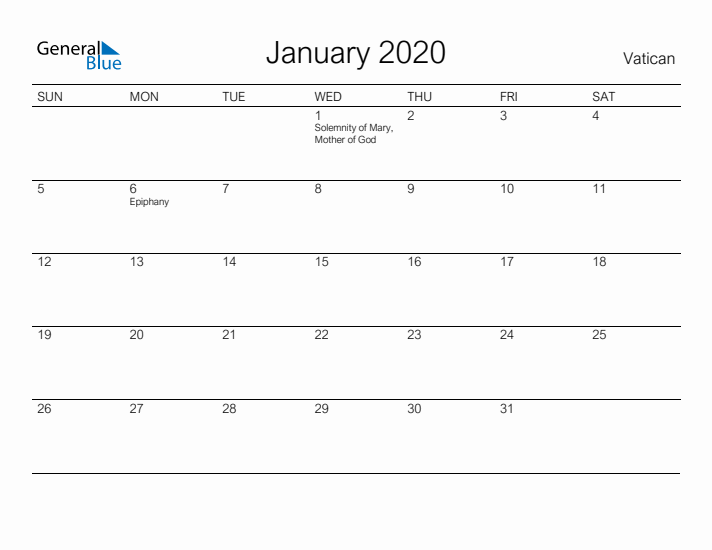 Printable January 2020 Calendar for Vatican