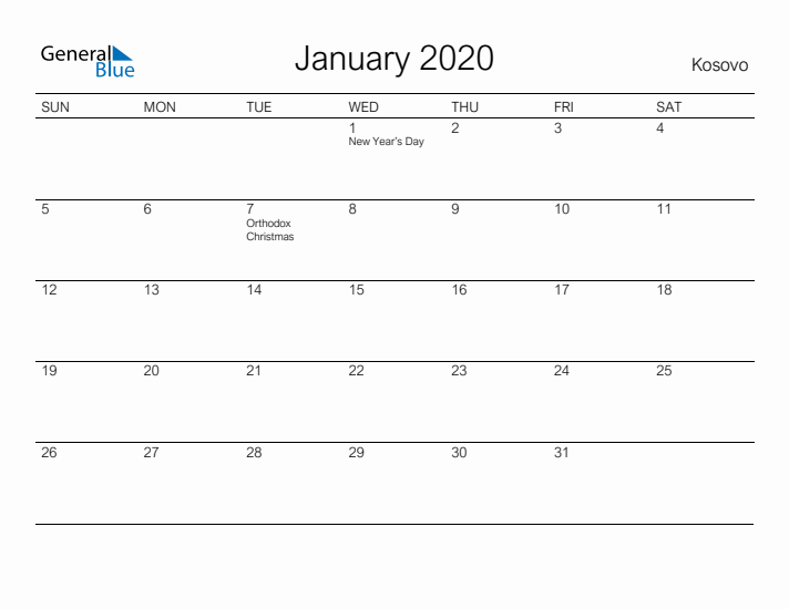 Printable January 2020 Calendar for Kosovo