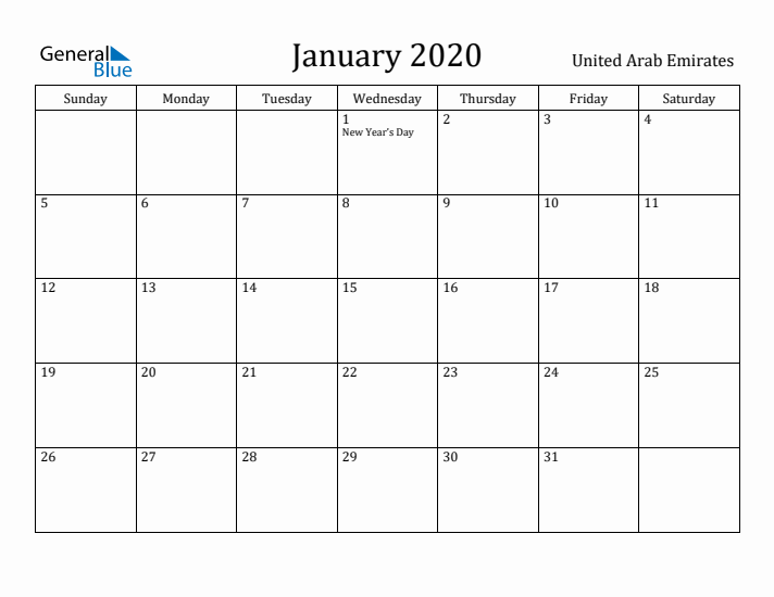January 2020 Calendar United Arab Emirates