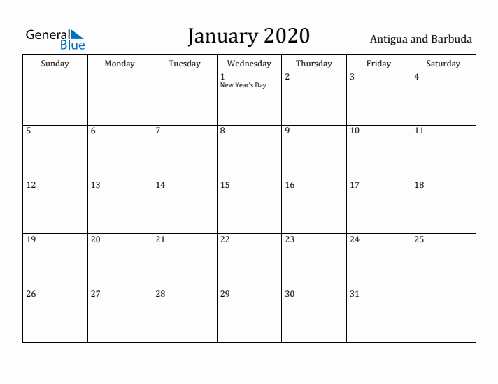 January 2020 Calendar Antigua and Barbuda