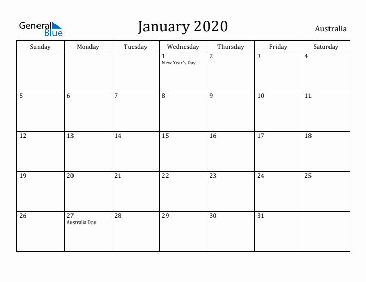 January 2020 Calendar Australia