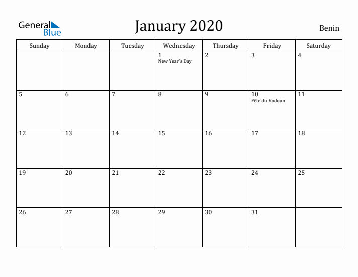 January 2020 Calendar Benin