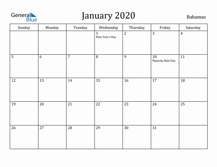 January 2020 Calendar Bahamas