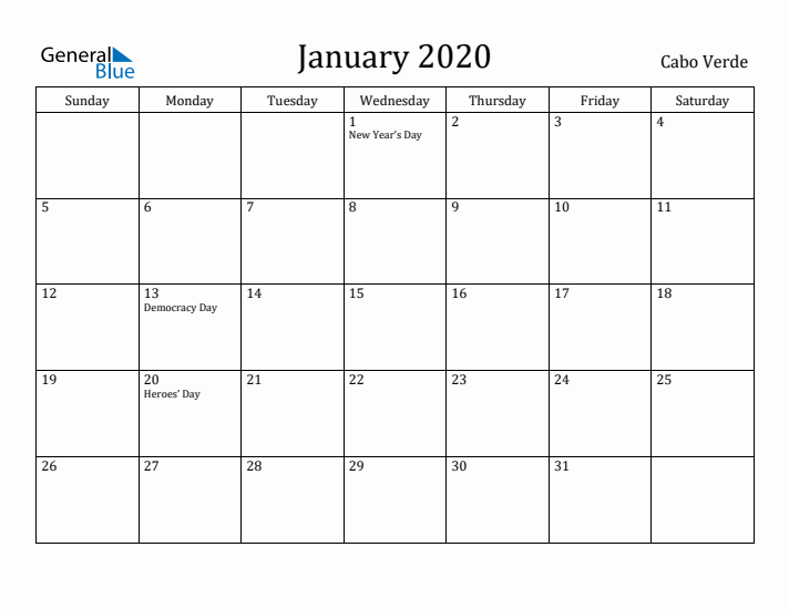 January 2020 Calendar Cabo Verde
