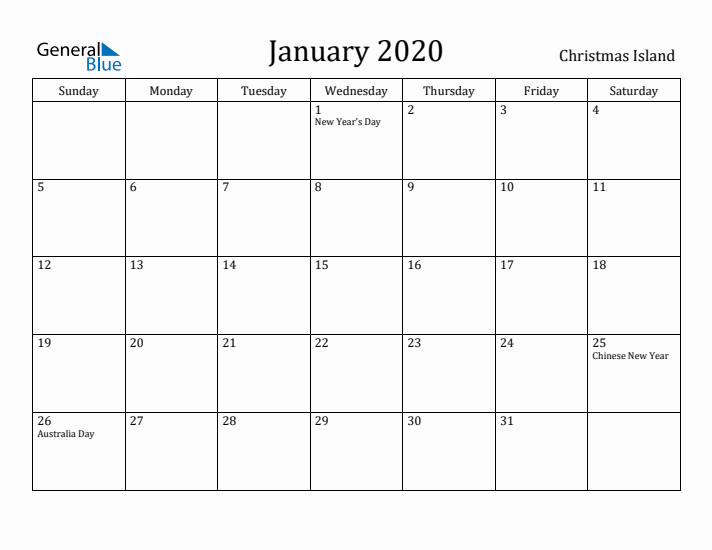 January 2020 Calendar Christmas Island