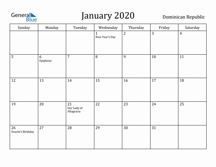 January 2020 Calendar Dominican Republic