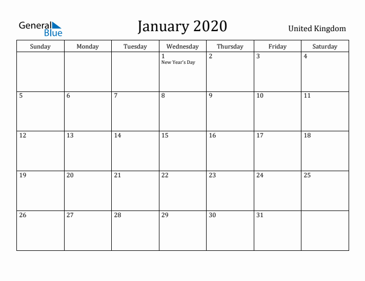 January 2020 Calendar United Kingdom
