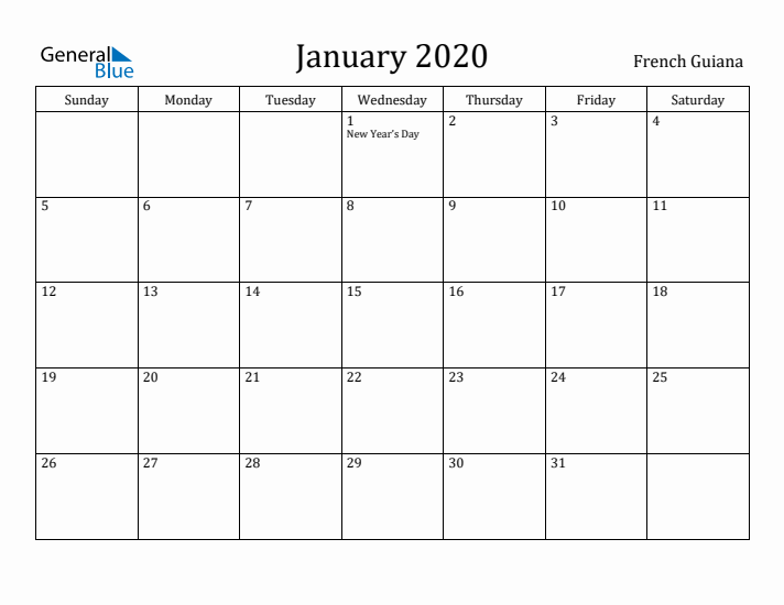 January 2020 Calendar French Guiana