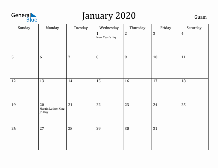 January 2020 Calendar Guam