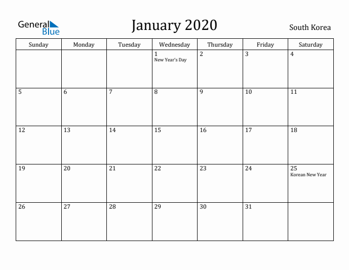 January 2020 Calendar South Korea