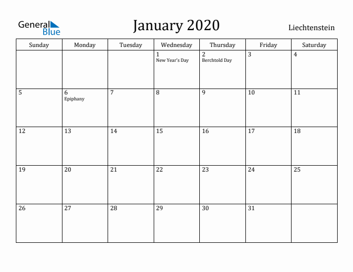 January 2020 Calendar Liechtenstein
