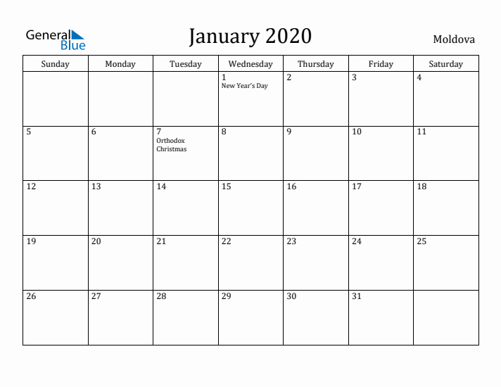 January 2020 Calendar Moldova