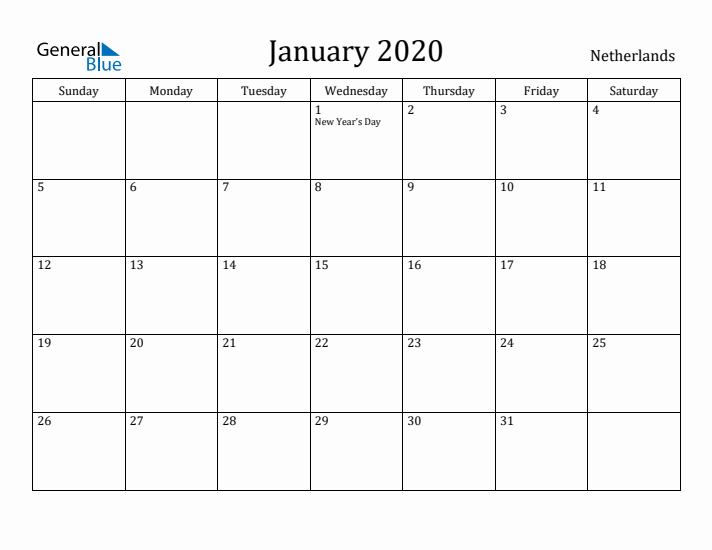January 2020 Calendar The Netherlands