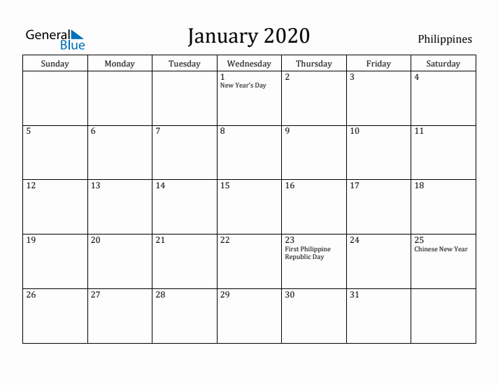 January 2020 Calendar Philippines