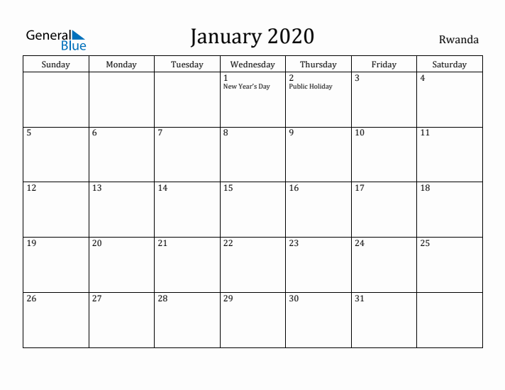 January 2020 Calendar Rwanda