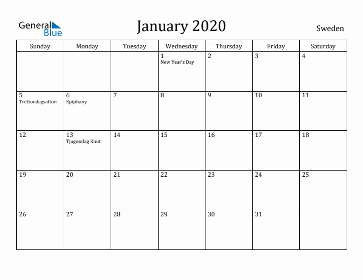 January 2020 Calendar Sweden