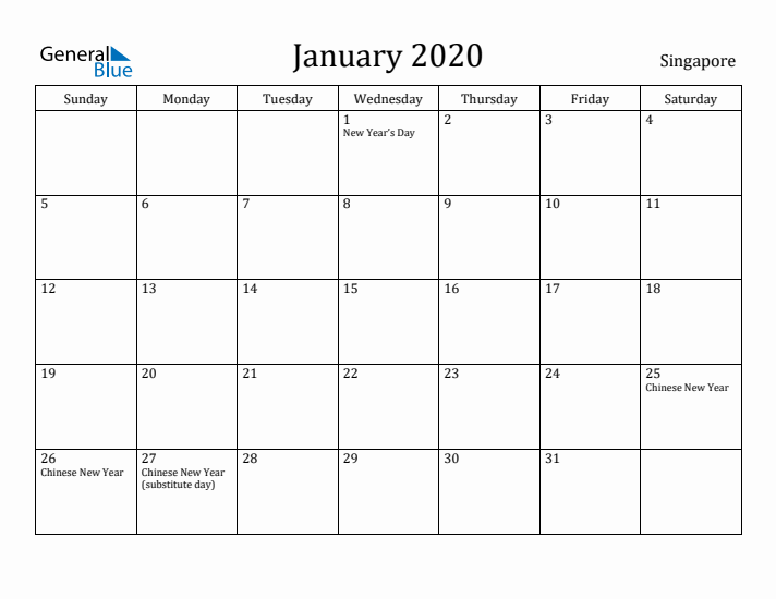 January 2020 Calendar Singapore