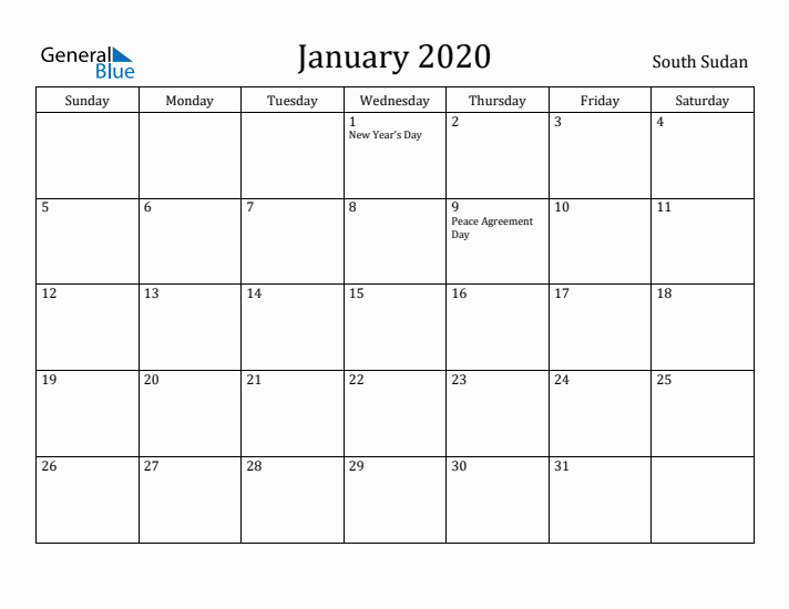 January 2020 Calendar South Sudan