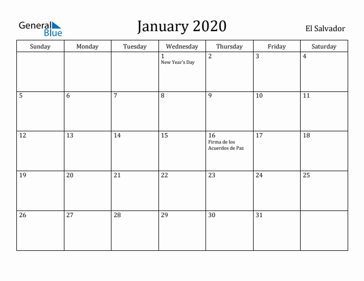 January 2020 Calendar El Salvador