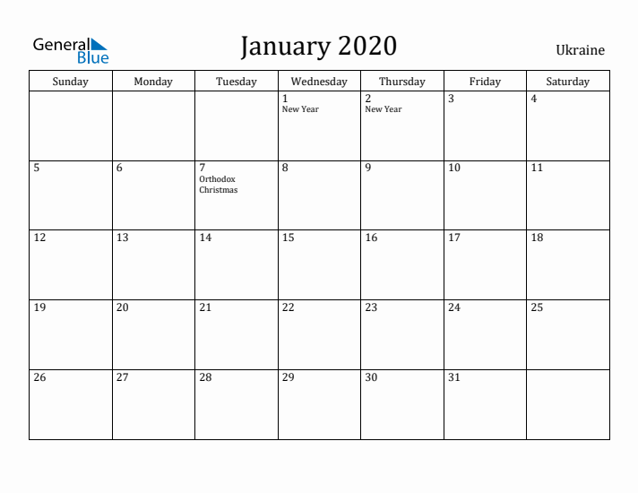 January 2020 Calendar Ukraine